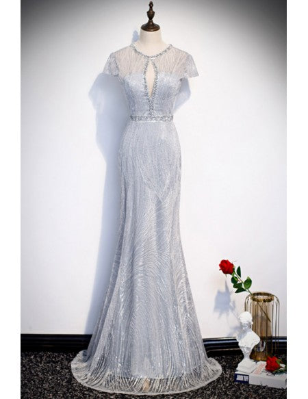 Classy Silver Sequined Mermaid Evening Dress with Keyhole Neckline