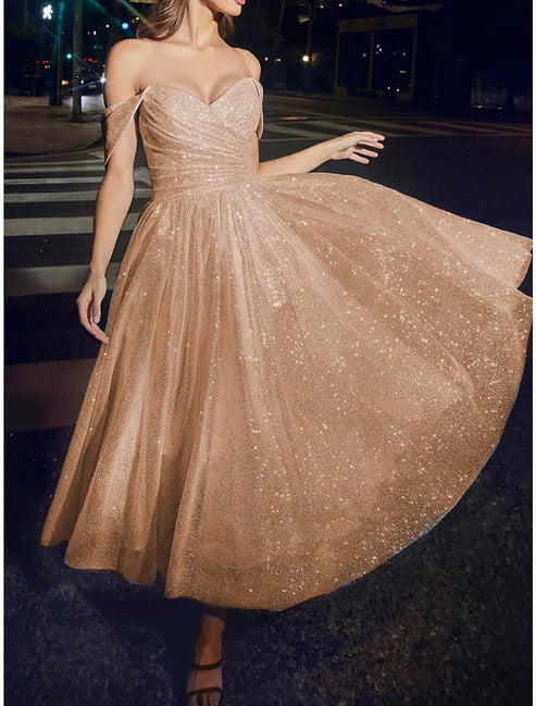 Women's Sequin Dress Prom Dress Party Dress Long Dress Maxi Dress Champagne Short Sleeve Plain Sequins Summer Spring Fall Off Shoulder Elegant Wedding Guest Evening Party Vacation