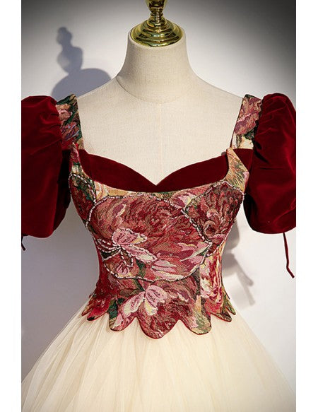 Ballgown Long Tulle Prom Dress with Flowers Pattern