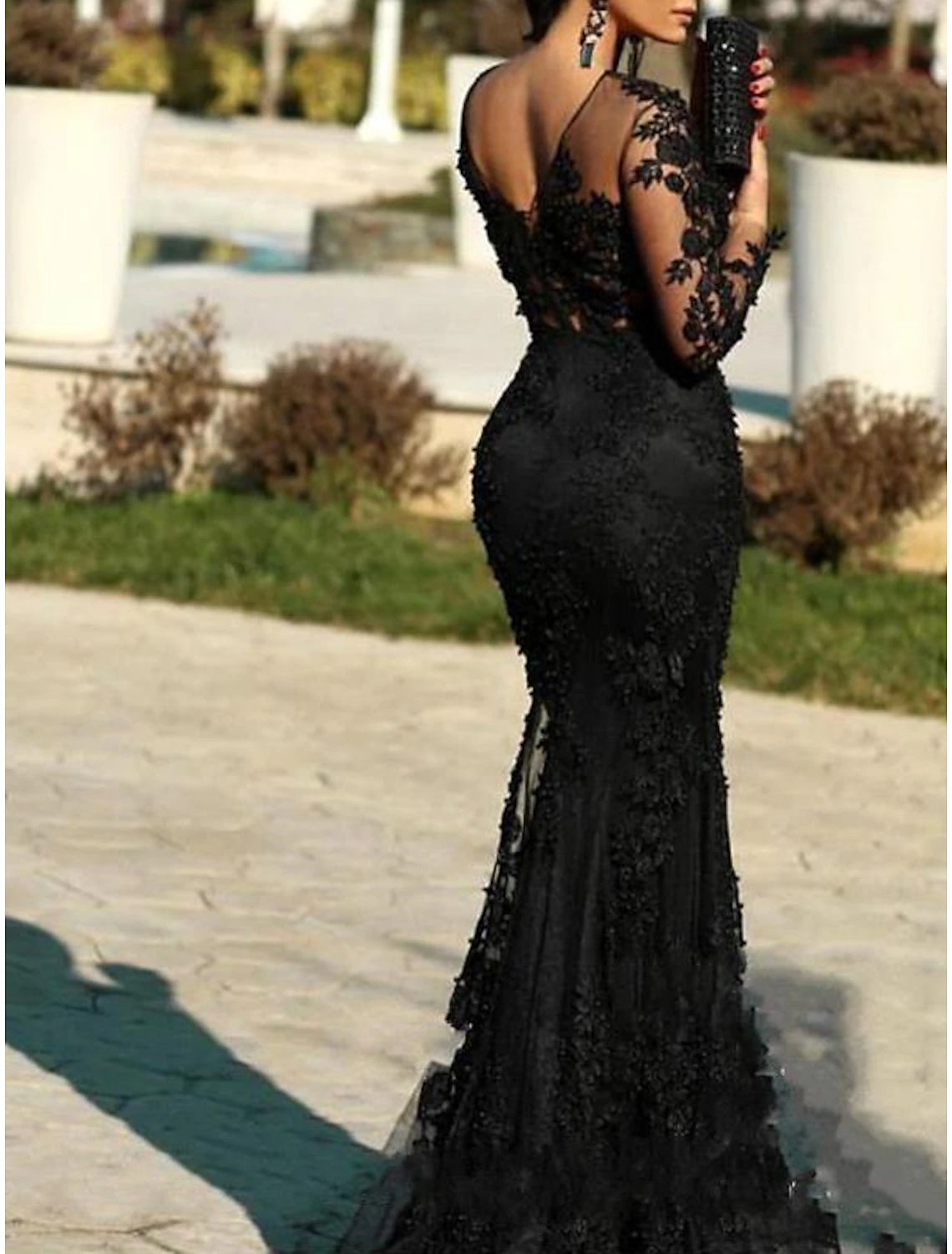 Mermaid / Trumpet Evening Gown Elegant Dress Wedding Guest Formal Evening Sweep / Brush Train Long Sleeve Illusion Neck Polyester with Lace Insert Appliques