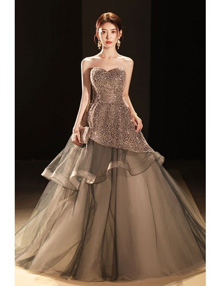 Silver Sequined Ruffled Ballgown Prom Dress with Bling