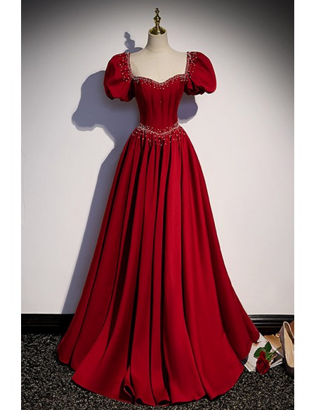 Romantic Beaded Square Neck Long Satin Prom Dress with Beadings