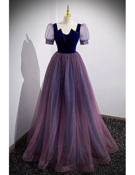 Fantasy Purple Bling Tulle Prom Dress with Bubble Sleeves