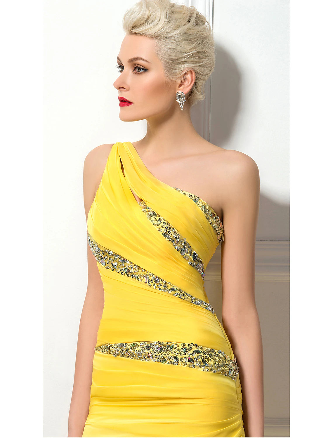 Sheath / Column Evening Gown Sexy Dress Wedding Guest Engagement Sweep / Brush Train Sleeveless One Shoulder Chiffon Backless with Ruched Crystals Sequin