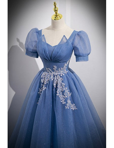 Modest Long Bling Blue Tulle Prom Dress with Short Sleeves