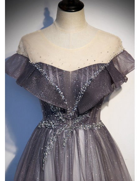 Mistery Ombre Grey Bling Tulle Prom Dress with Sheer Neckline