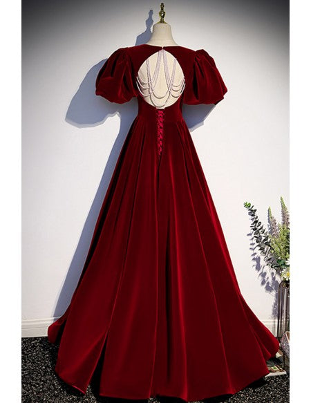 Elegant Long Velvet Evening Dress with Bubble Sleeves