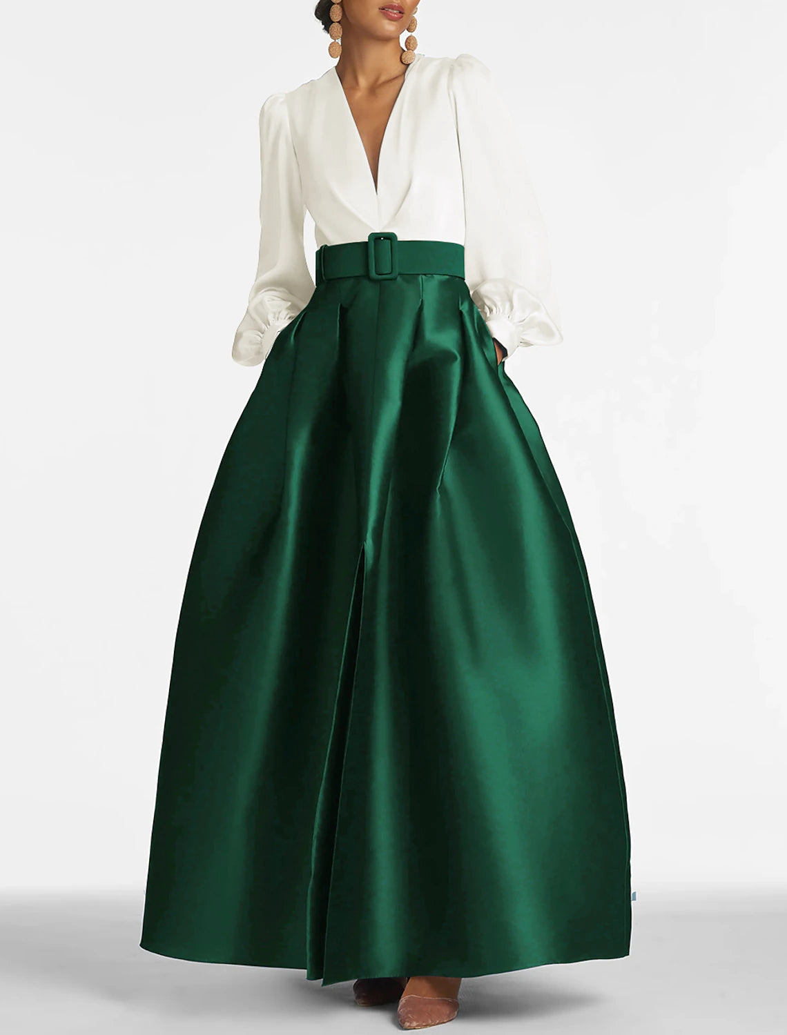 A-Line Satin Green Dress Formal Wedding Guest Dress Elegant Evening Gown High Split  Long Sleeve Floor Length Color Block V Neck Belt With Pleats Slit