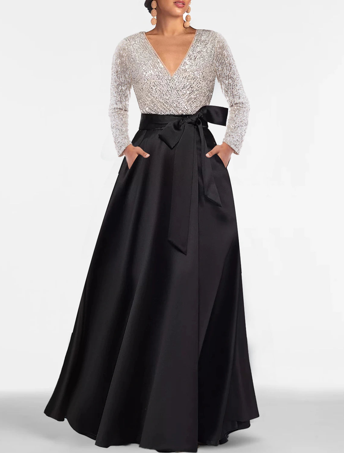 A-Line Evening Gown Elegant Dress Formal Floor Length Long Sleeve V Neck Fall Wedding Guest Satin with Sequin