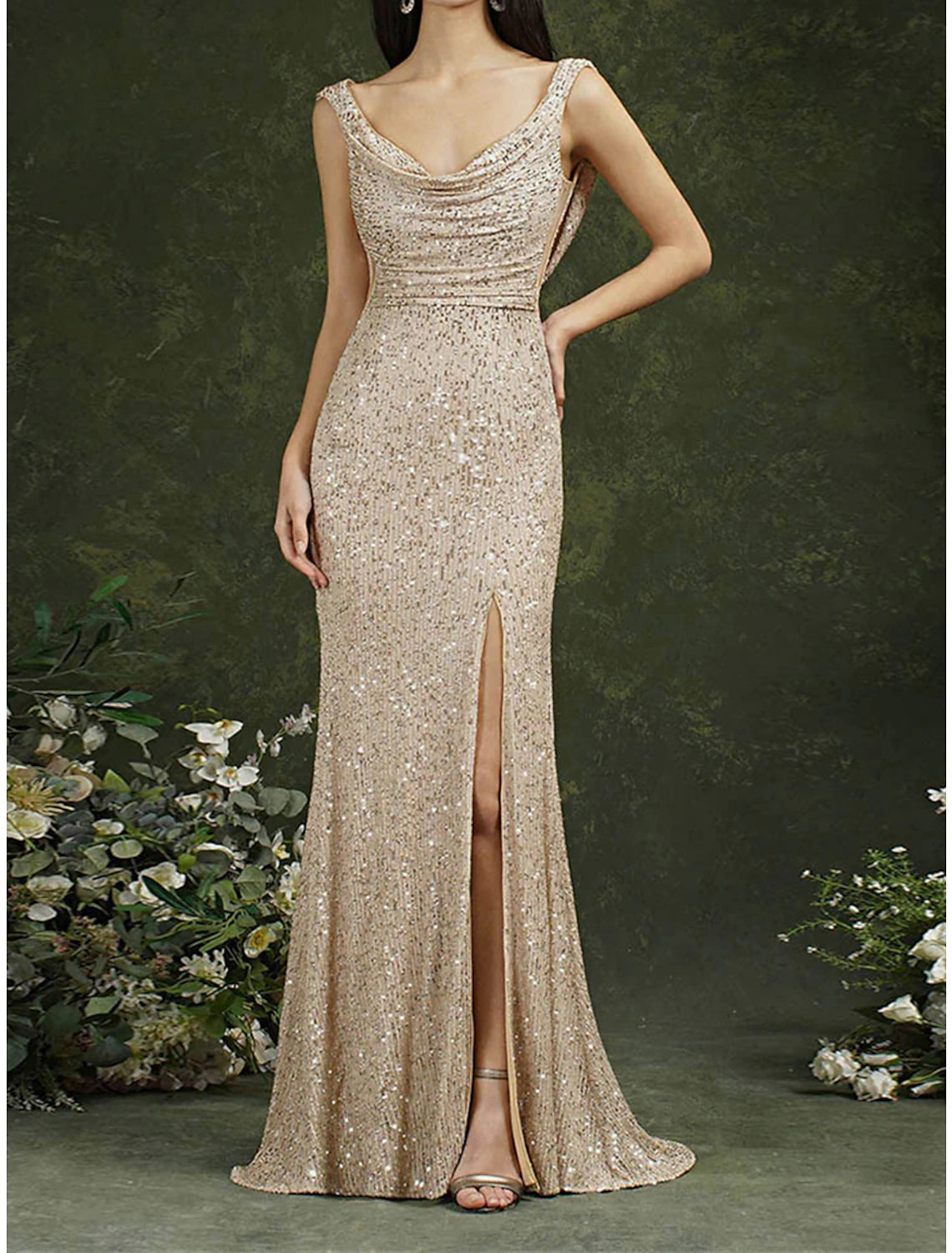 Women's Sequin Dress Prom Dress Party Dress Sparkly Dress Long Dress Maxi Dress Champagne Sleeveless Spring Fall Winter Spaghetti Strap Fashion Evening Party