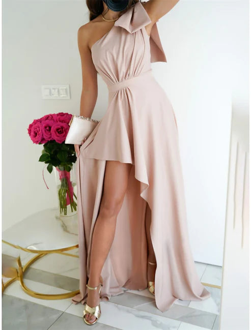 Women's Prom Dress Party Dress Wedding Guest Dress Long Dress Maxi Dress Pink Wine Red Sleeveless Plain Split Summer Spring Fall One Shoulder Elegant Wedding Guest Evening Party Vacation