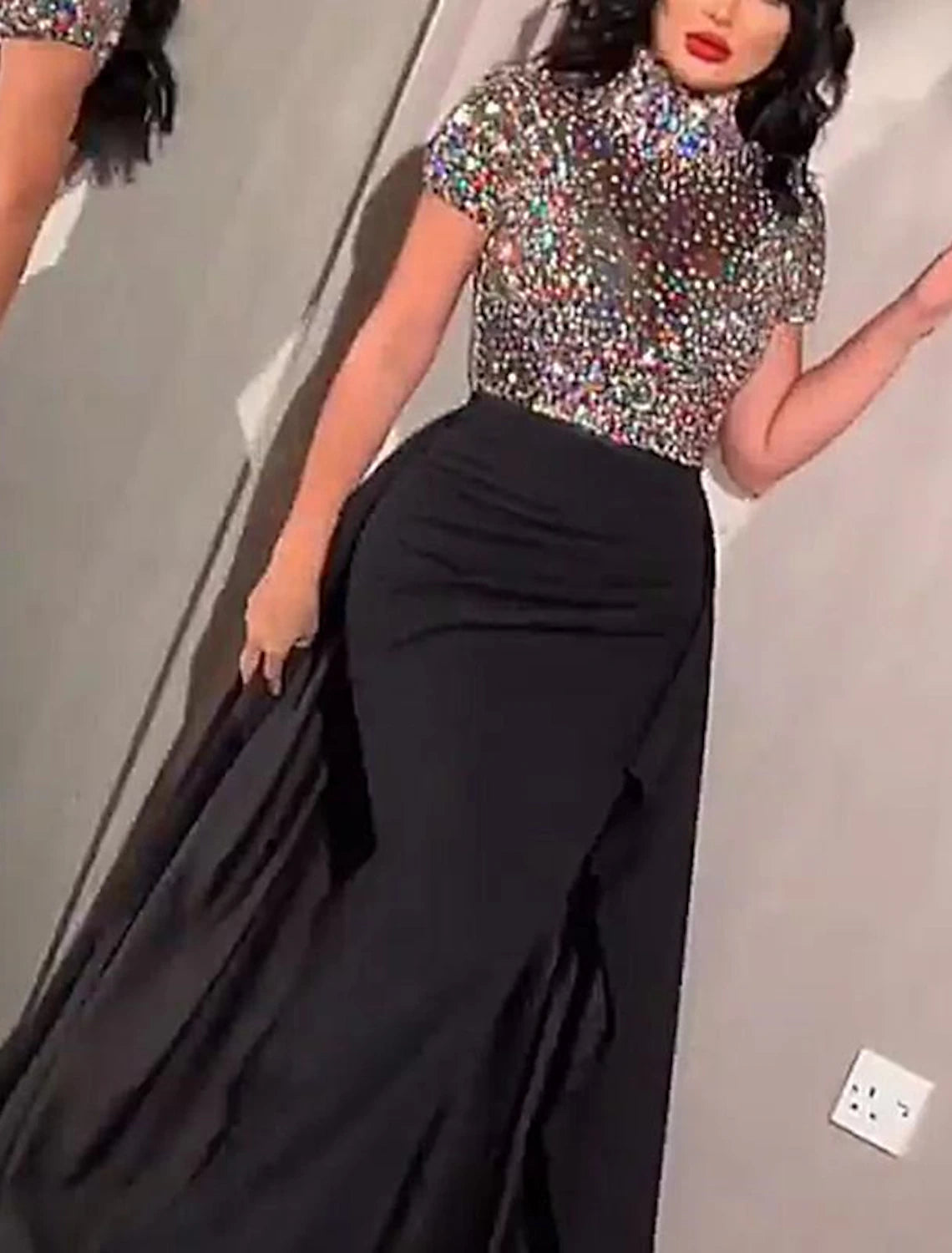 Women's Black Sequin Dress Prom Dress Party Dress Sparkly Dress Long Dress Maxi Dress Black Short Sleeve Color Block Summer Spring Fall Turtleneck Fashion Evening