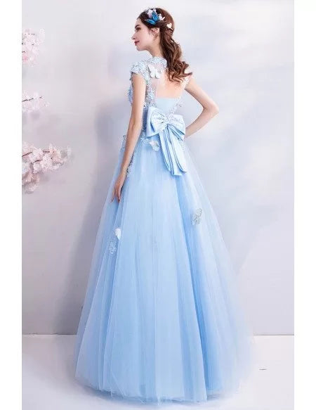 Fairy Blue Long Tulle Prom Dress A Line With Butterflies Cap Sleeves