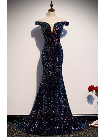 Navy Colorful Sequins Mermaid Prom Dress Off Shoulder