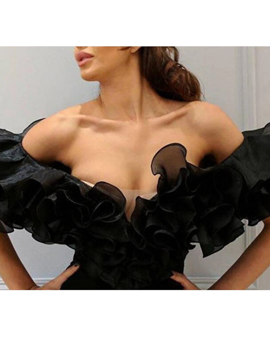 Sheath / Column Prom Dresses Sexy Dress Wedding Guest Prom Floor Length Short Sleeve Off Shoulder Chiffon with Split Front Cascading Ruffles