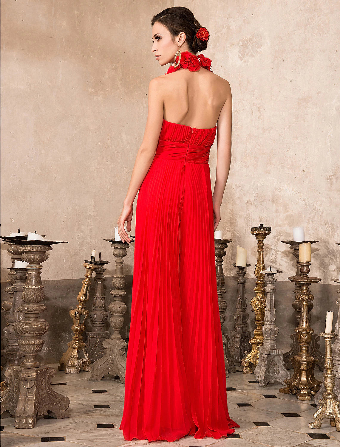 Jumpsuits Hot Dress Valentine's Day Wedding Guest Floor Length Sleeveless High Neck Chiffon Backless with Pleats