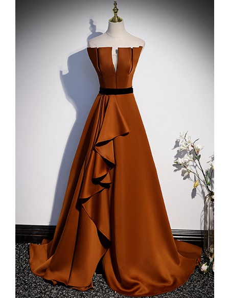 Brown Satin Strapless Elegant Ruffled Prom Dress