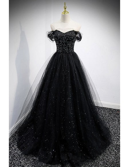 Unique Off Shoulder Black Tulle Mesh Prom Dress with Bling