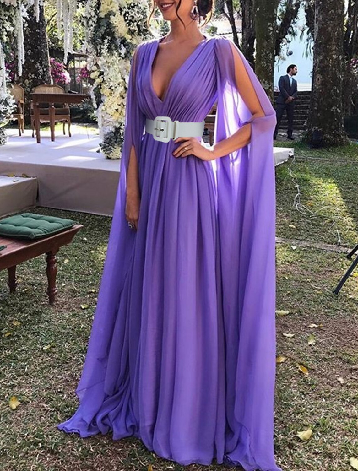 A-Line Wedding Guest Dresses Maxi Dress Wedding Party Dress Black Tie Floor Length Long Sleeve V Neck Fall Wedding Guest Chiffon with Belt