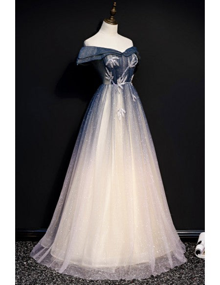 Off Shoulder Ombre Blue Bling Tulle Prom Dress