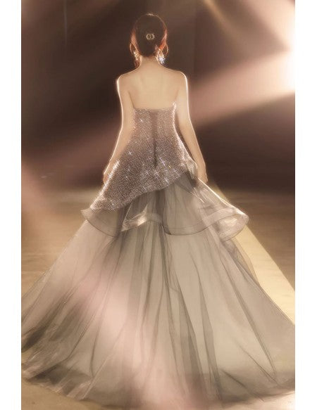 Silver Sequined Ruffled Ballgown Prom Dress with Bling