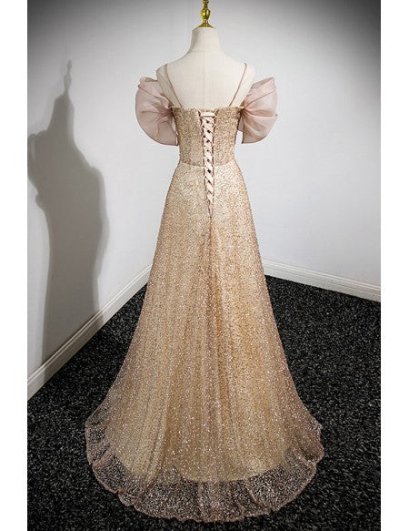 Gorgeous Champagne Sequined Long Prom Dress with Big Bow Sleeves