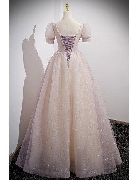 Modest Long Bling Tulle Prom Dress with Short Sleeves