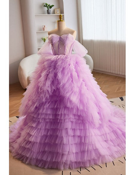 Purple Puffy Tulle Ballgown Prom Dress Off Shoulder with Ruffles