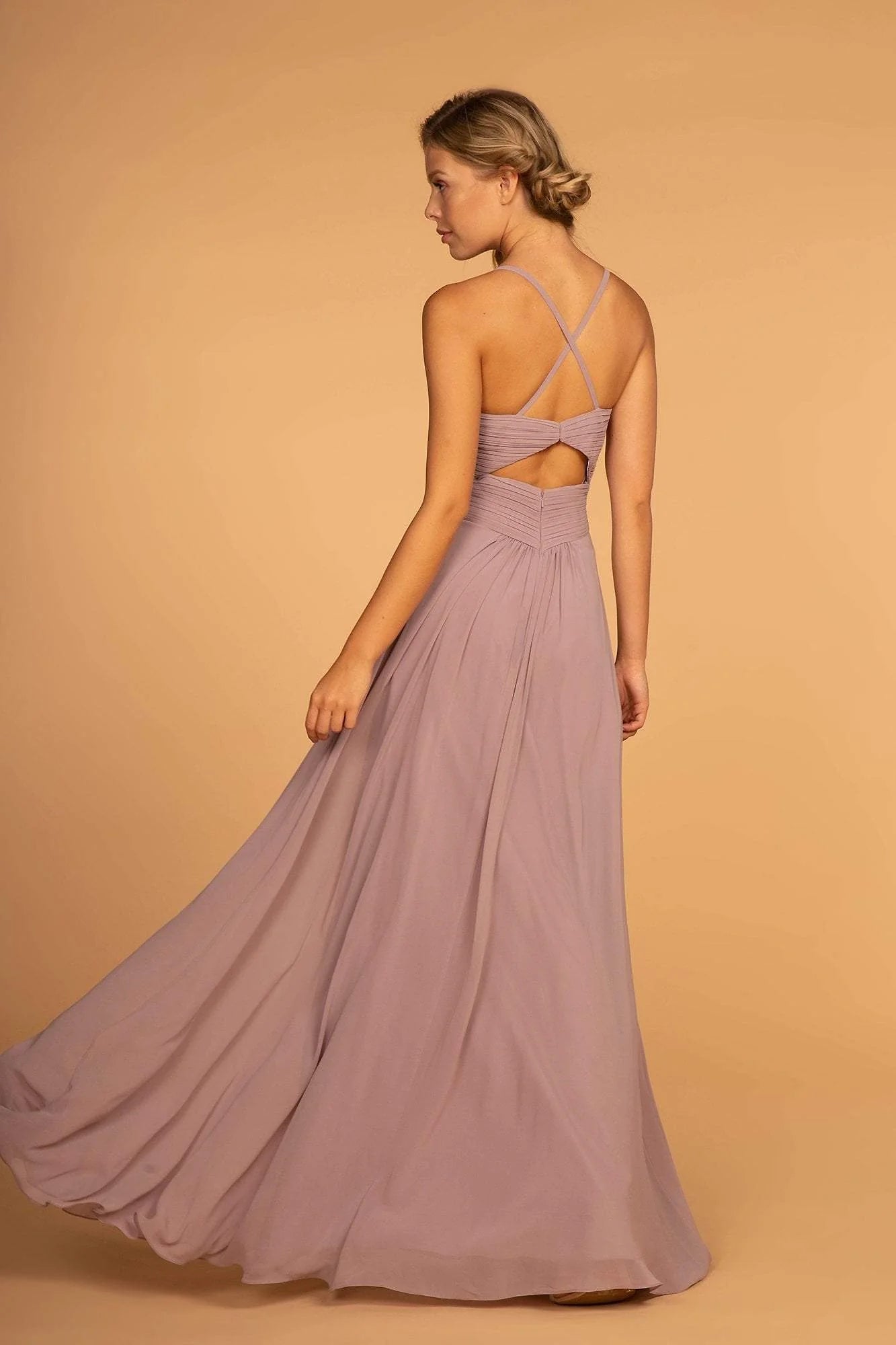 Plunging V-Neck Pleated Bodice A-Line Gown