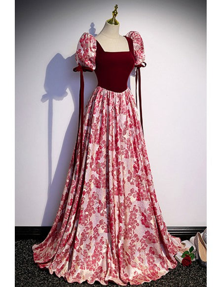 Burgundy Floral Pattern Long Prom Dress with Sleeves Straps