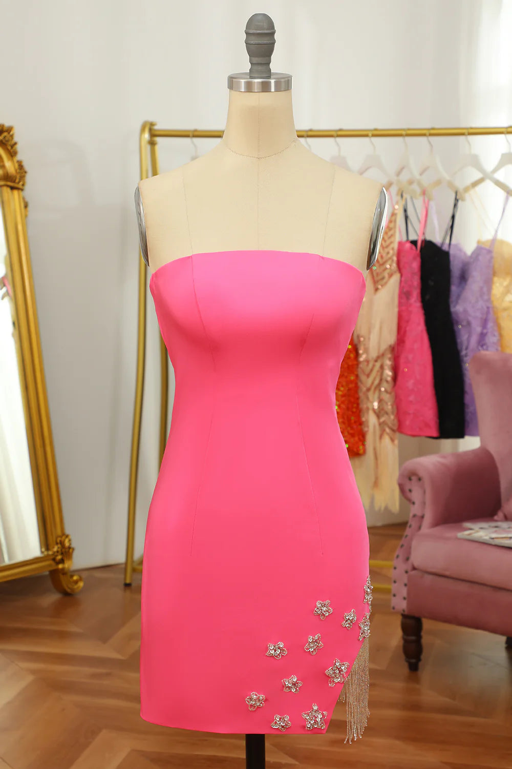 Pink Tight Homecoming Dress with Star and Fringes