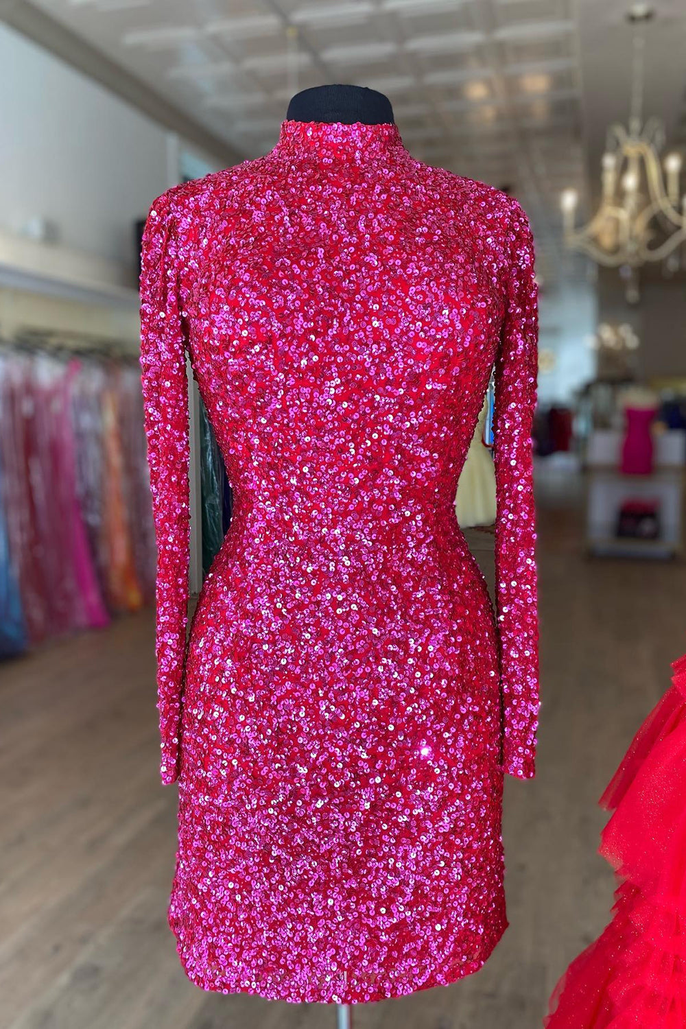 Fuchsia Bodycon Long Sleeve Homecoming Dress With Sequins