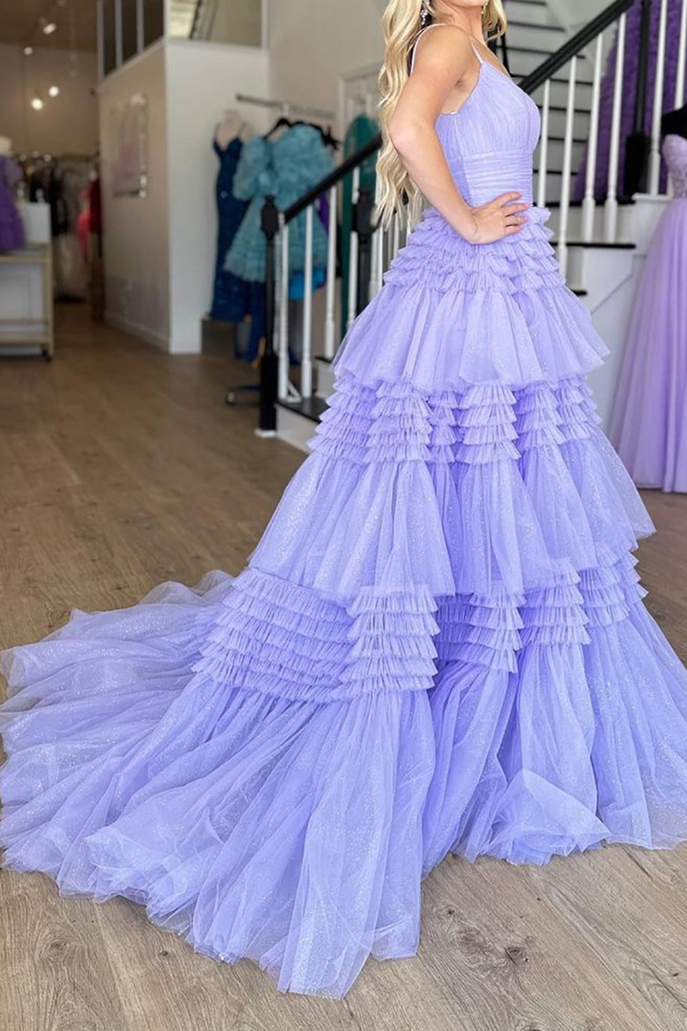 Gorgeous A Line Spaghetti Straps Lilac Long Prom Dress with Ruffles