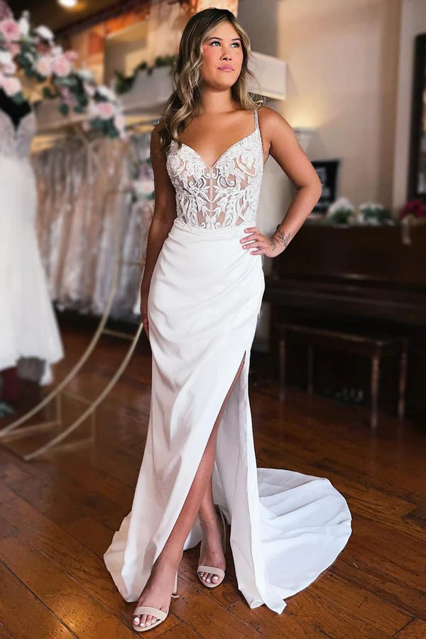 Buyishang Sheath White Lace-Up Back Wedding Dress with Slit