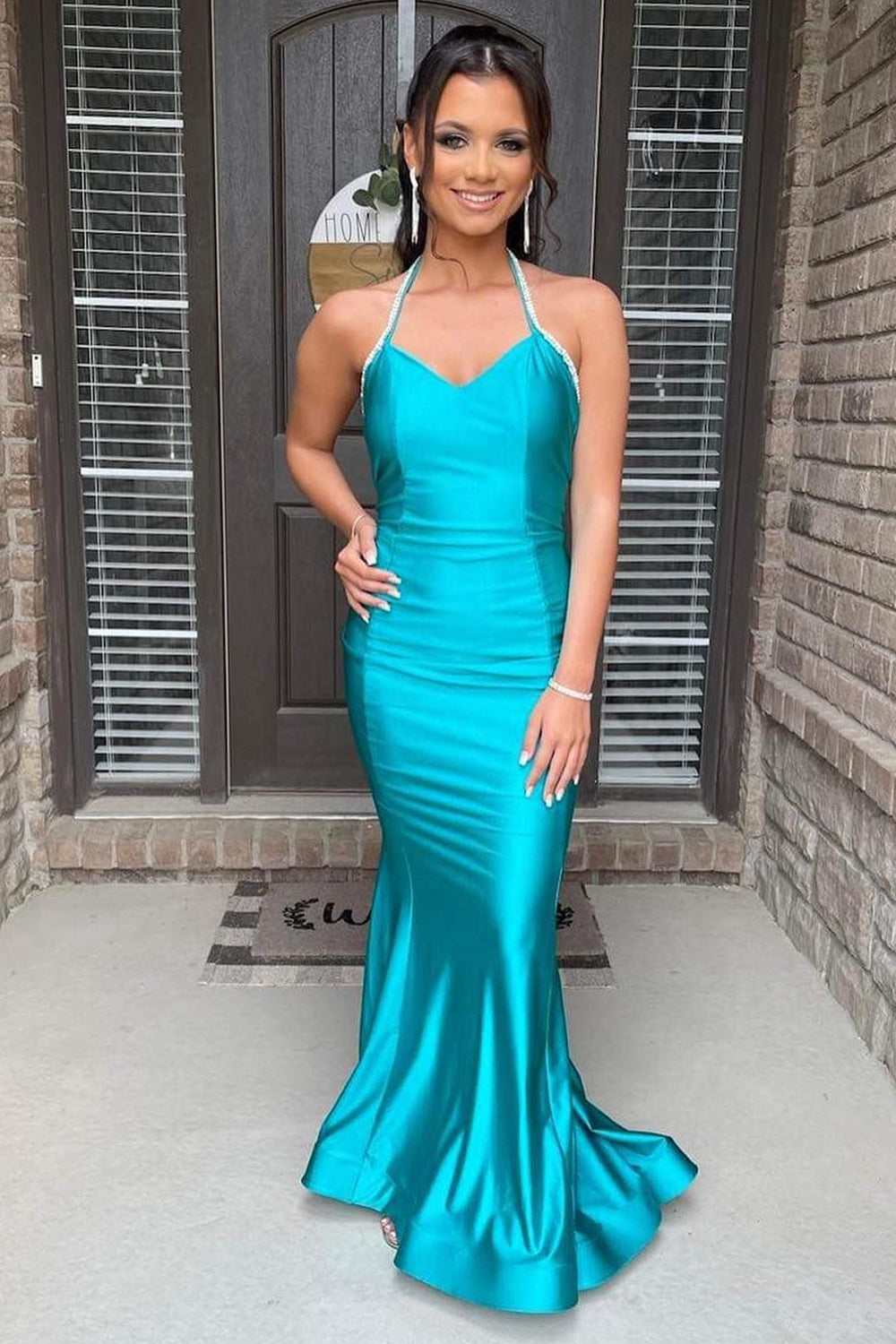 Mermaid Halter Green Long Prom Dress with Open Back