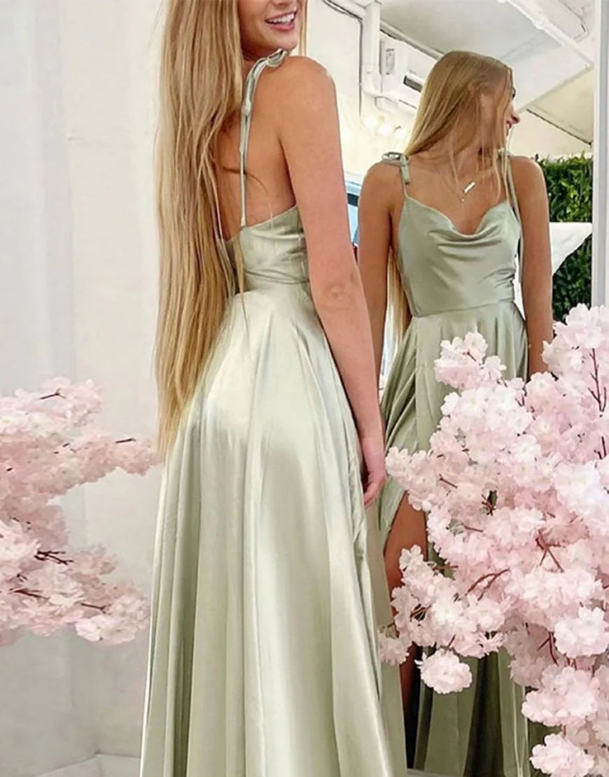 Sage Green Spaghetti Straps  Satin Bridesmaid Dress