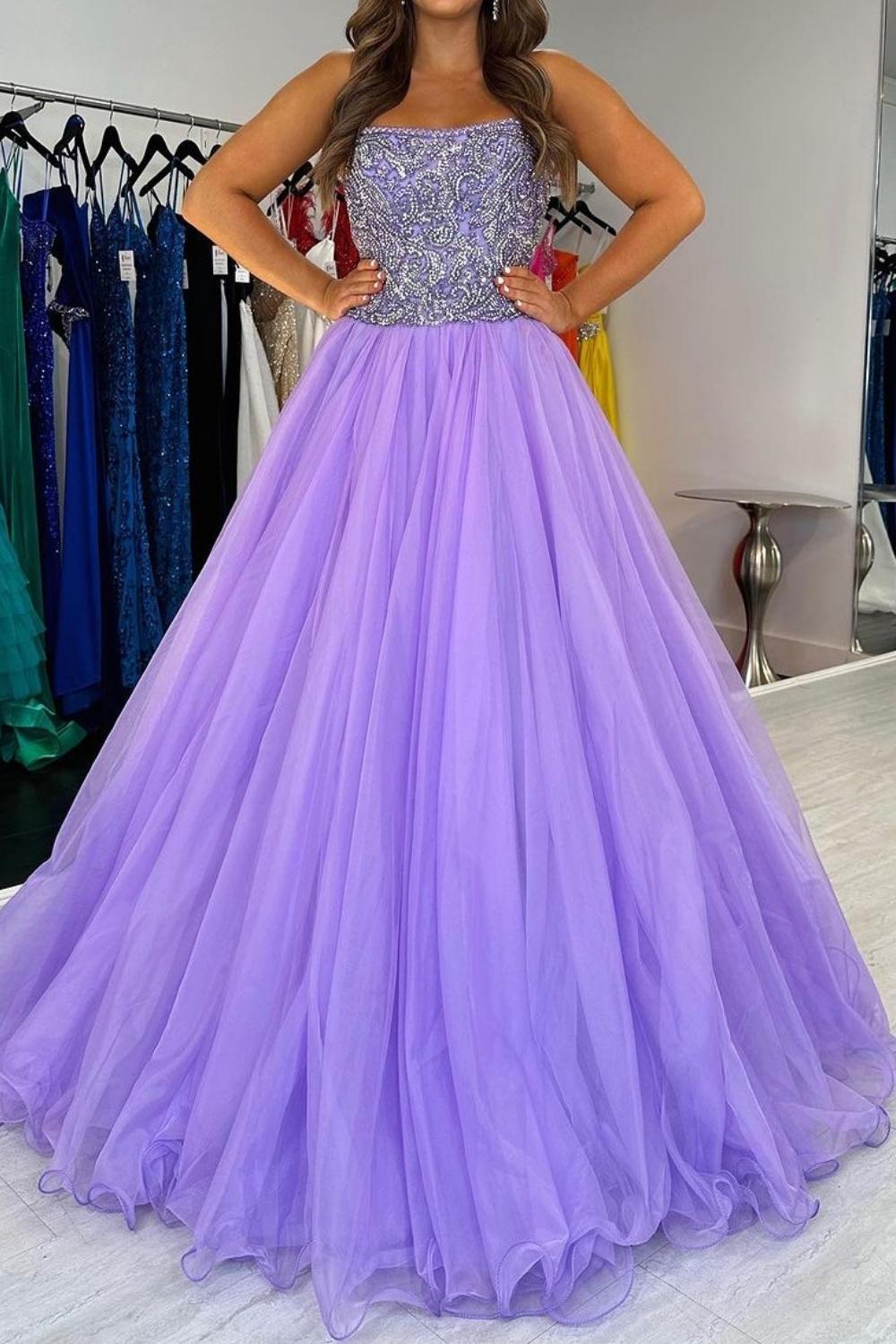 Weitese Charming A Line Strapless Purple Tulle Long Prom Dress with Beading