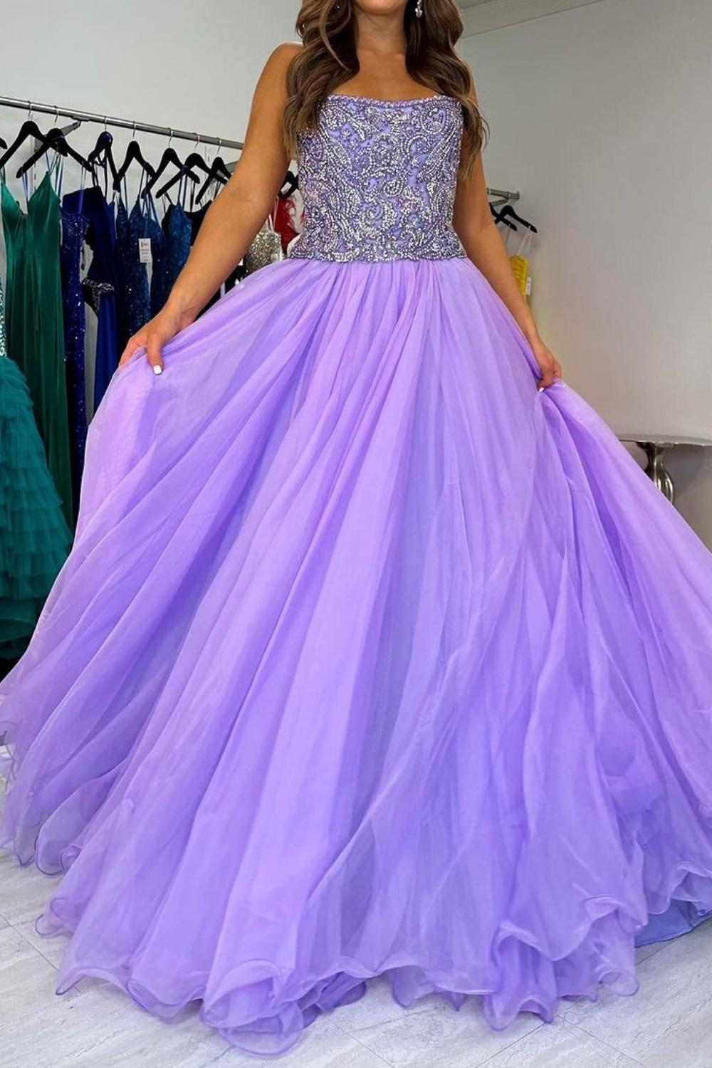 Weitese Charming A Line Strapless Purple Tulle Long Prom Dress with Beading