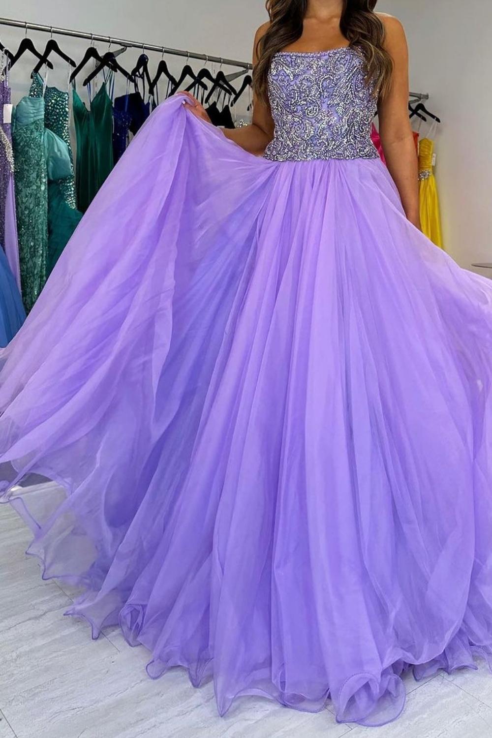 Weitese Charming A Line Strapless Purple Tulle Long Prom Dress with Beading