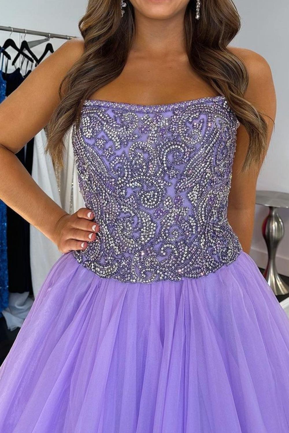 Weitese Charming A Line Strapless Purple Tulle Long Prom Dress with Beading