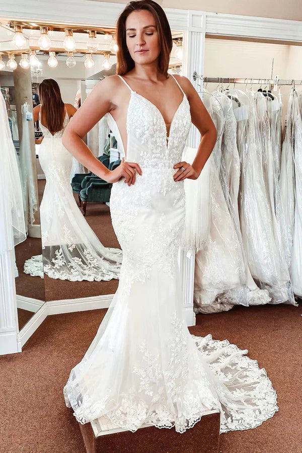 Buyishang White Lace Mermaid Backless Long Wedding Dress