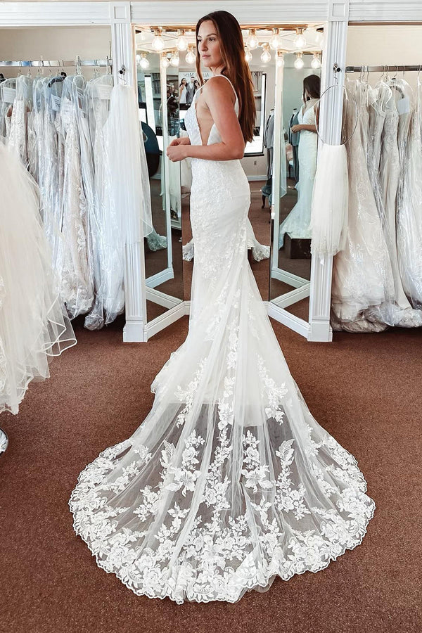 Buyishang White Lace Mermaid Backless Long Wedding Dress