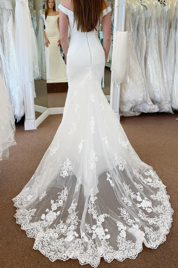Buyishang White Off the Shoulder Long Mermaid Wedding Dress with Lace Appliques