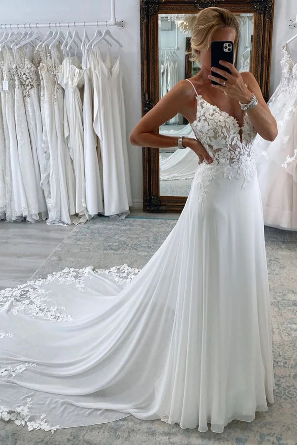 Buyishang White Long Chiffon Boho A-Line Wedding Dress with Lace