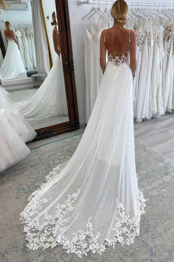 Buyishang White Long Chiffon Boho A-Line Wedding Dress with Lace
