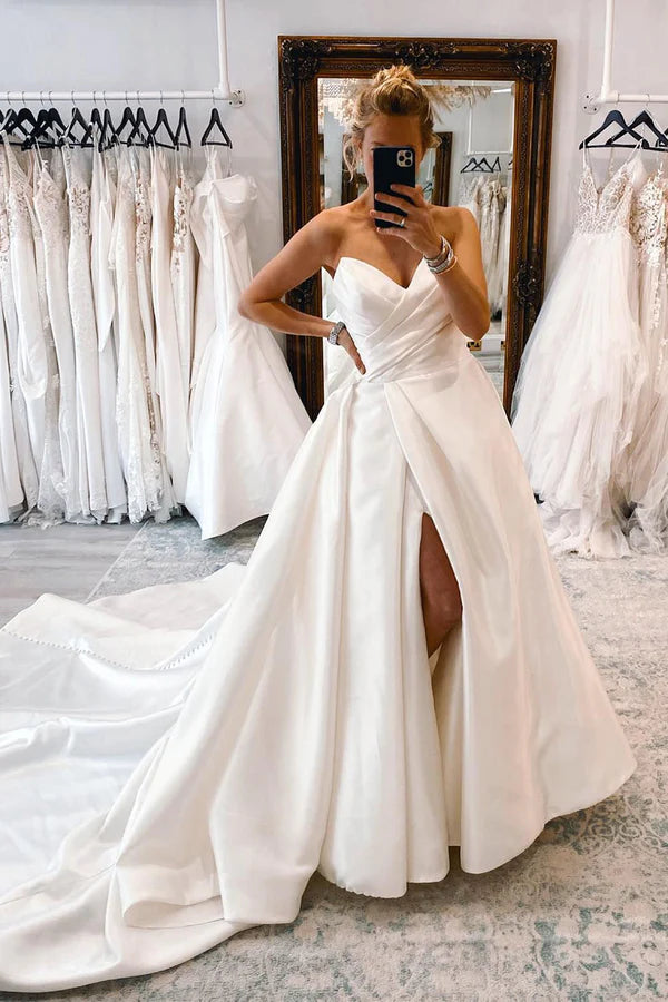 Buyishang White Satin Long A-Line Wedding Dress with Slit