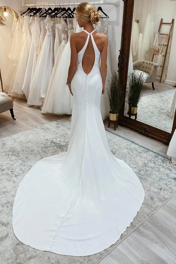 Buyishang Simple White Halter Open Back Long Wedding Dress