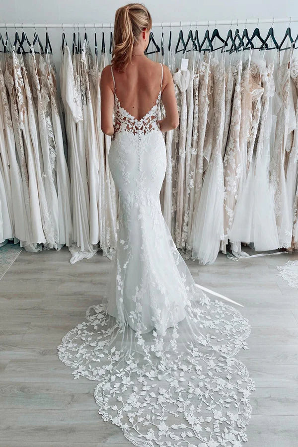 Buyishang White Spaghetti Straps Backless Long Wedding Dress with Lace