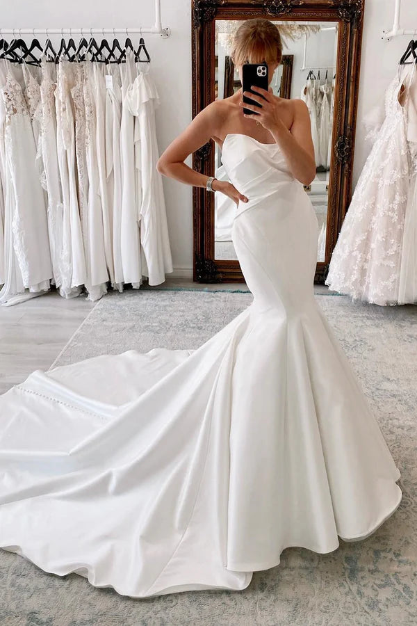 Buyishang White Strapless Satin Long Mermaid Wedding Dress