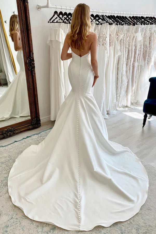 Buyishang White Strapless Satin Long Mermaid Wedding Dress